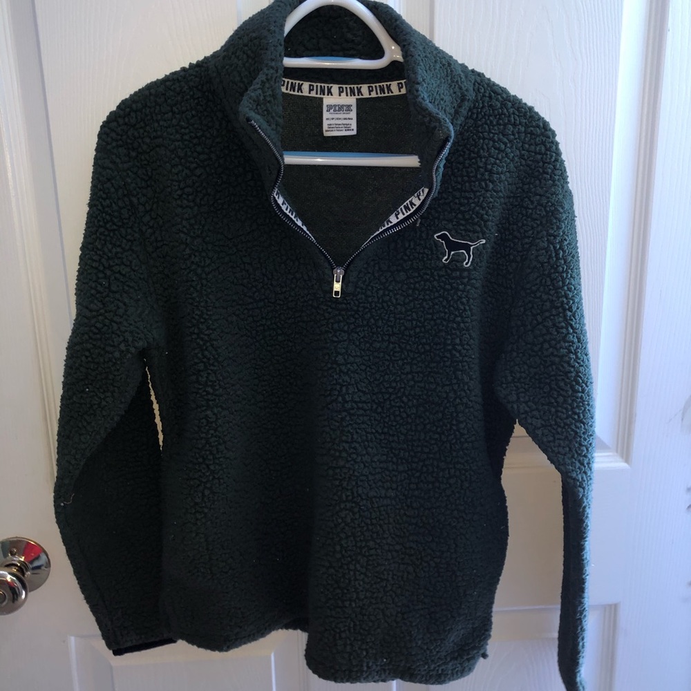 PINK Dark green sherpa half zip up sweater